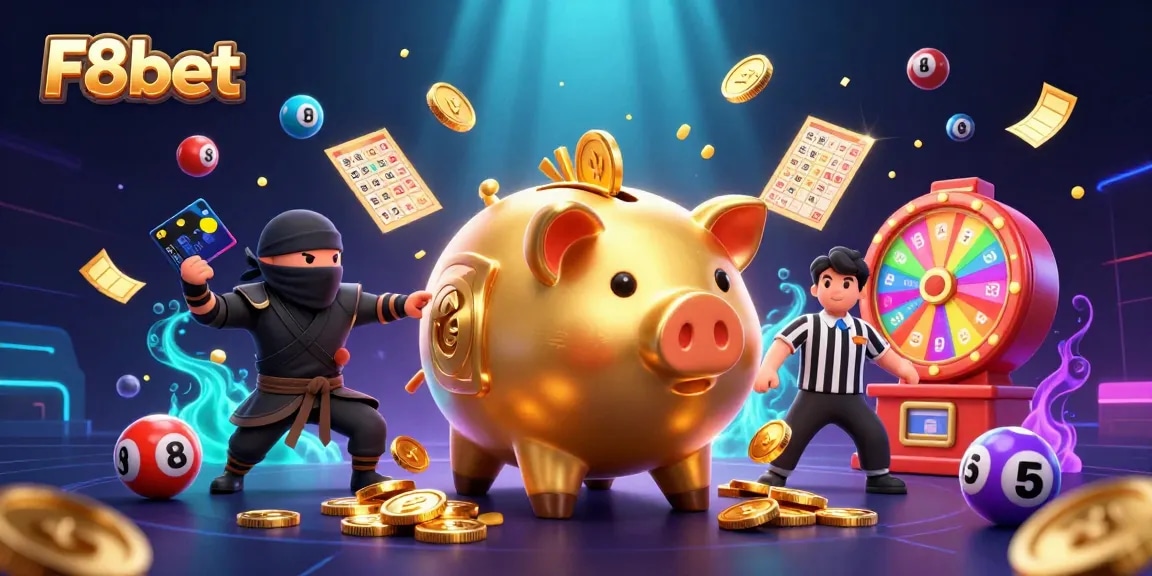 Experience vibrant games at F8bet with a sumo wrestler and ninja amidst colorful lottery elements.