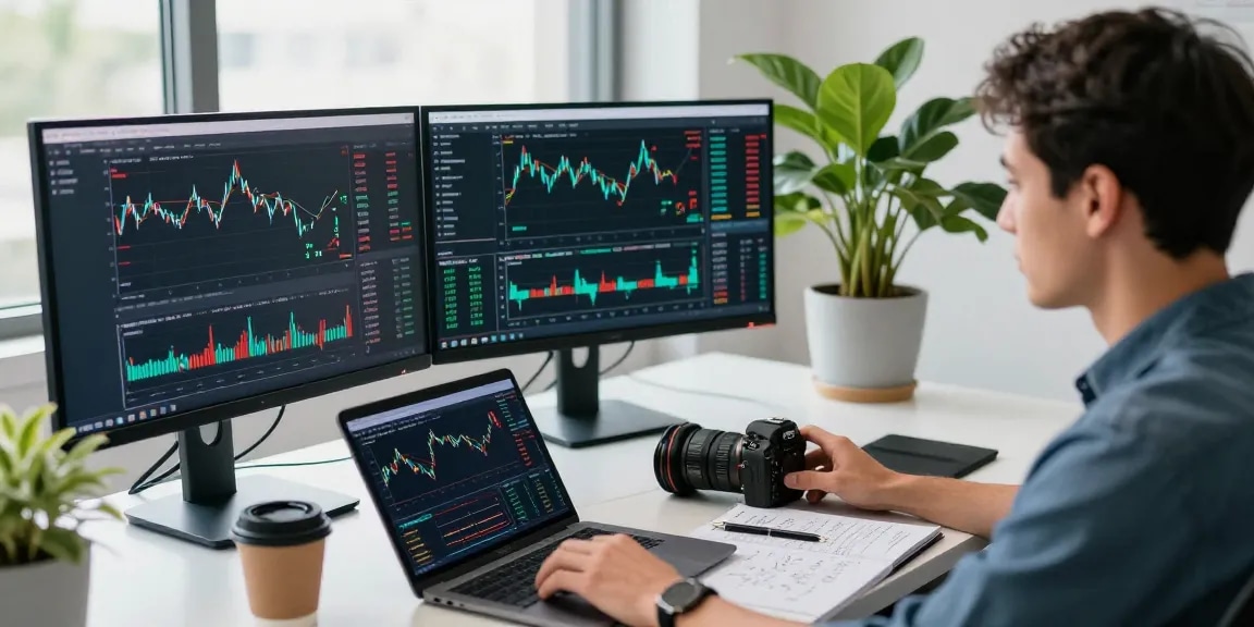 Торговля на bitmex бирже в современном офисе с трейдером, анализирующим графики