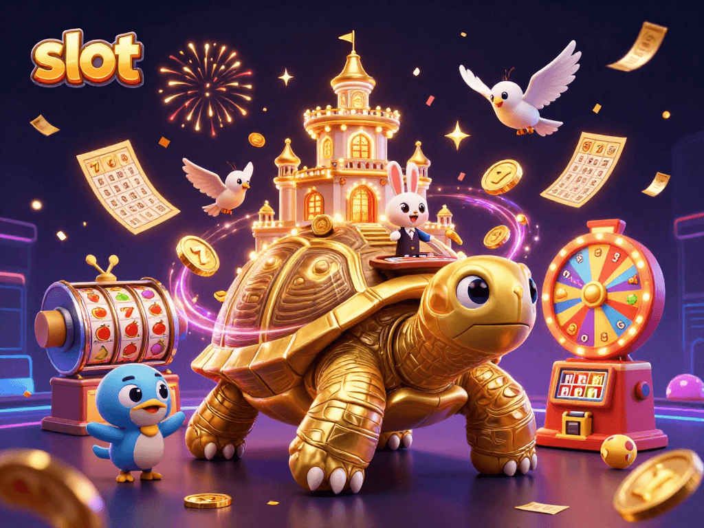 Engage in exciting slot games with golden tortoise, dealer, and vibrant gaming elements.