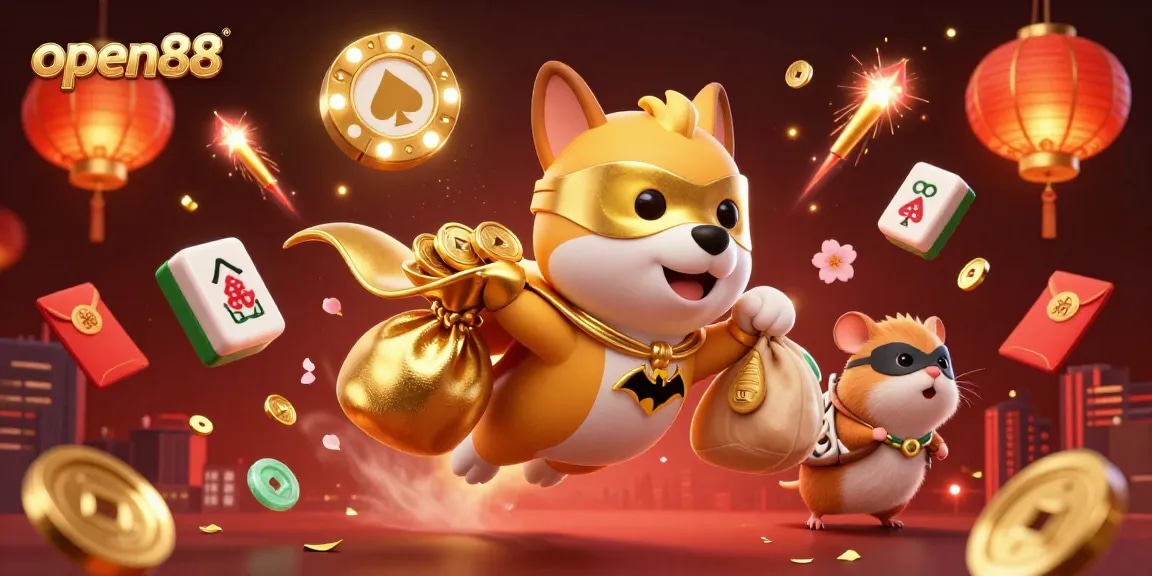 Experience the thrill of open88 with a superhero dog flying and coins soaring in a vibrant casino scene.