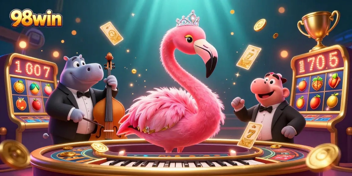 Engage with 98win's exciting casino world featuring colorful slot symbols and lively characters.