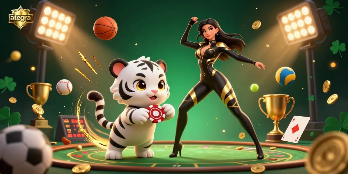 A stunning 3D illustration of a woman in a catsuit and a playful tiger exhibiting ategra's vibrant gambling action.