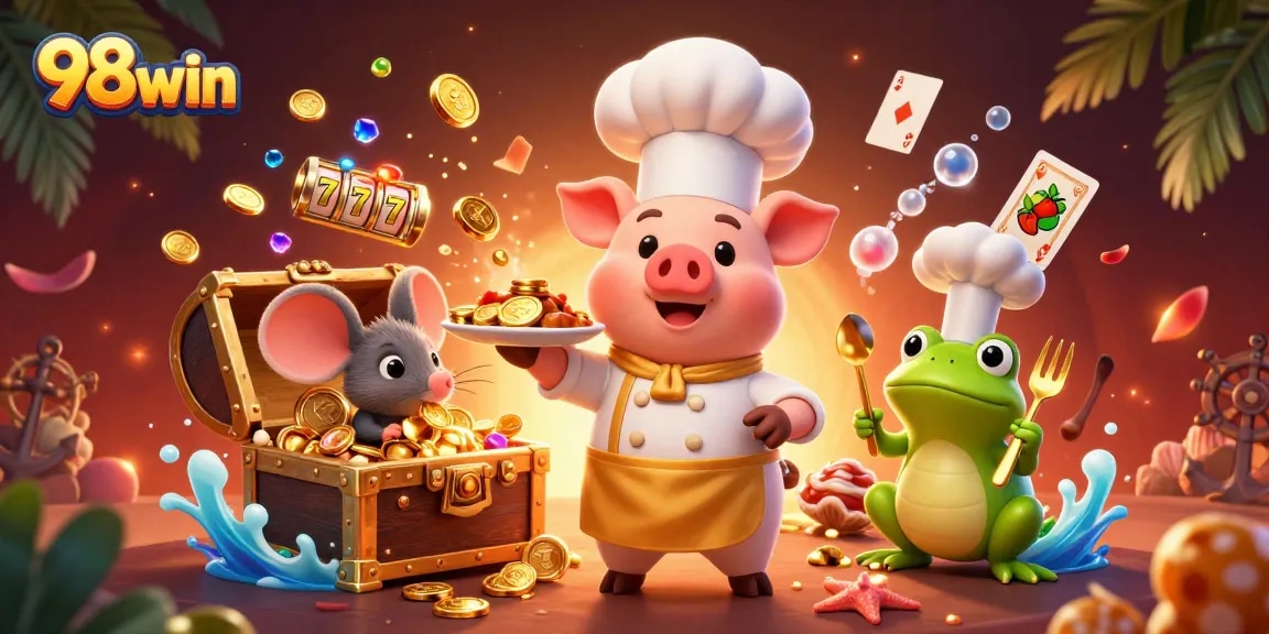 Experience thrilling wins with 98win's vibrant casino art featuring a pig chef serving golden treasures.