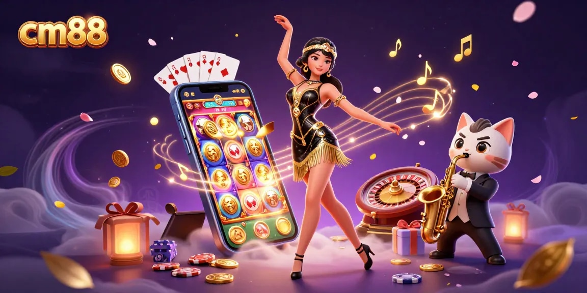 Play exciting slot games with cm88, featuring a glamorous flapper and a saxophone-playing cat.