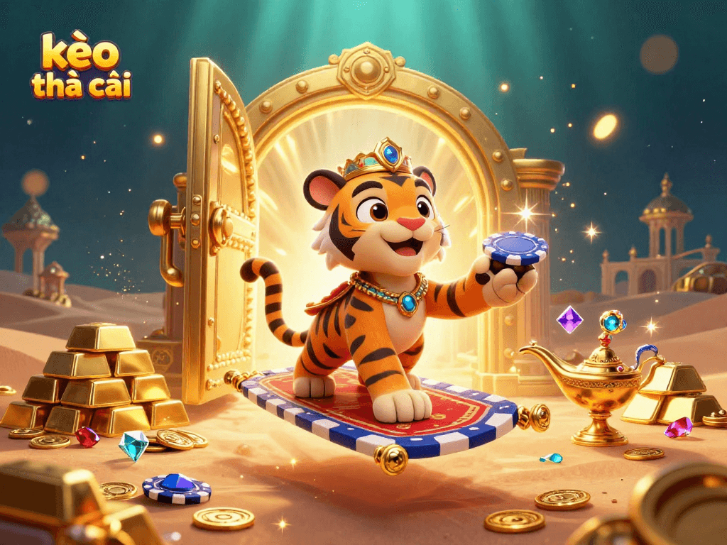 Experience the excitement with kèo nhà cái featuring a tiger sultan on a poker chip carpet, in a dazzling 3D casino scene.