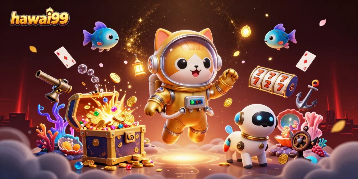 Launch into fun with hawai99's gaming adventure featuring vibrant slot reels and treasure chests