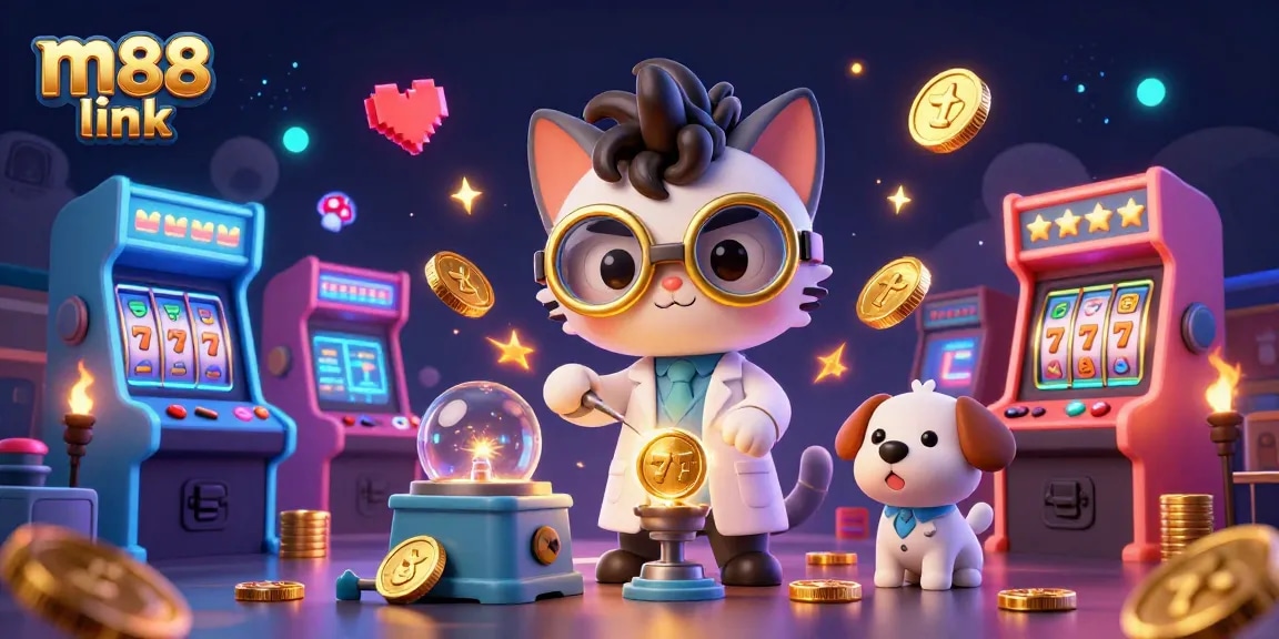 Place your bets at m88 link and enjoy vibrant gaming experiences with a playful cat and dog duo.