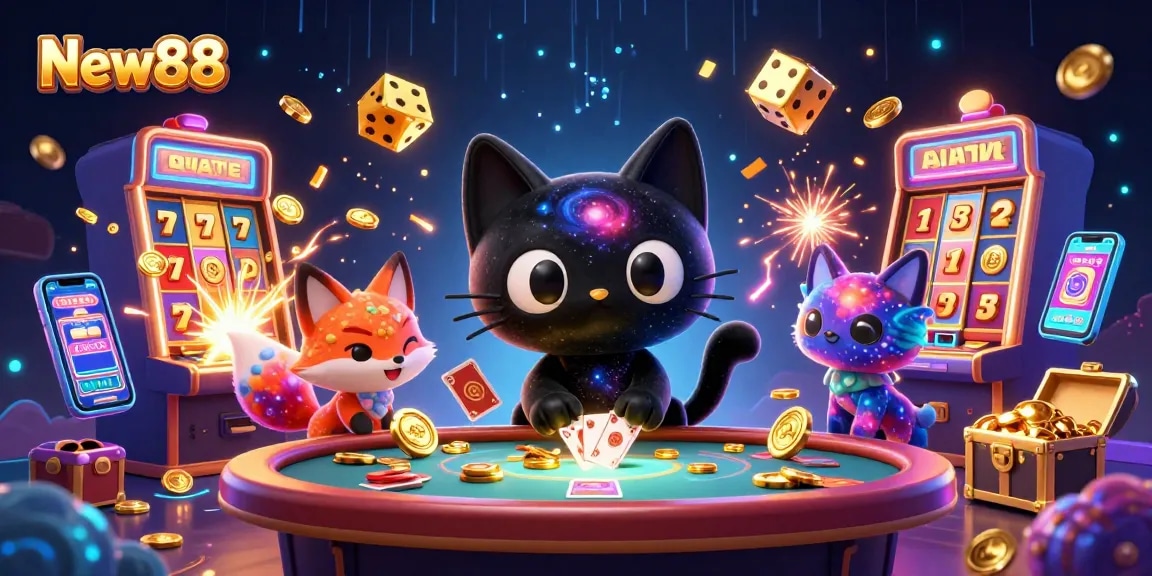 Engage in thrilling gaming at New88's cosmic casino, featuring vibrant characters and jackpot excitement.