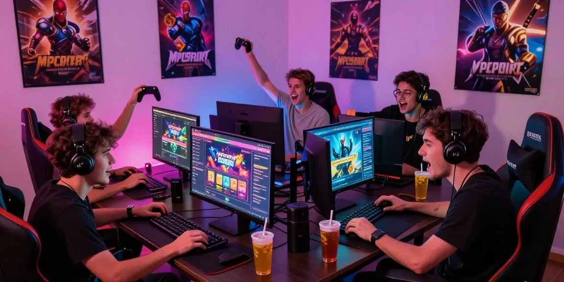 Exciting MPOSPORT slot gaming scene with friends enjoying a vibrant online gaming experience.