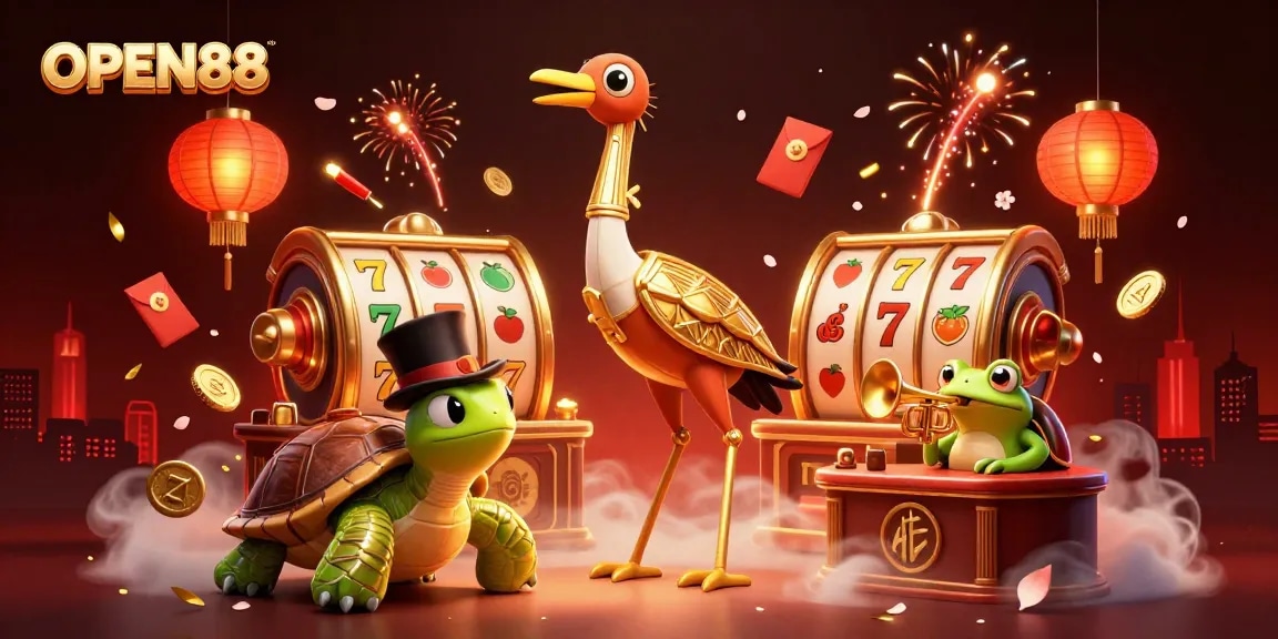 Engage in exciting gameplay with OPEN88, a lively casino scene featuring vibrant characters and game elements.