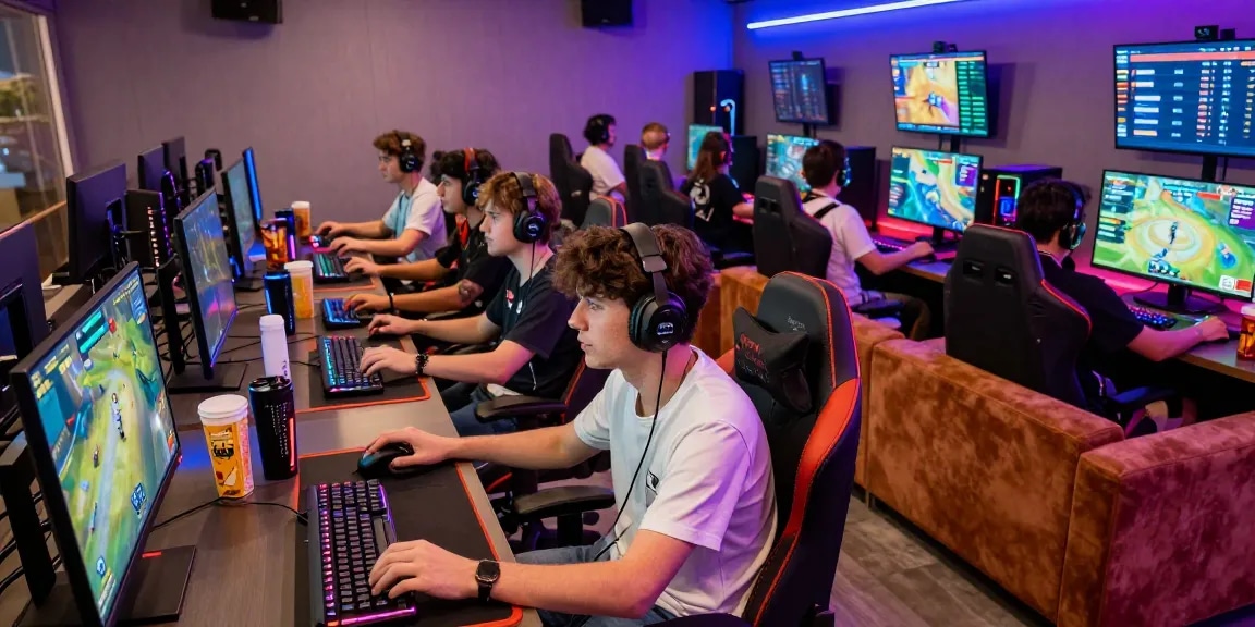 Lucky77 gaming lounge with diverse players immersed in action, showcasing vibrant gameplay and energetic atmosphere.