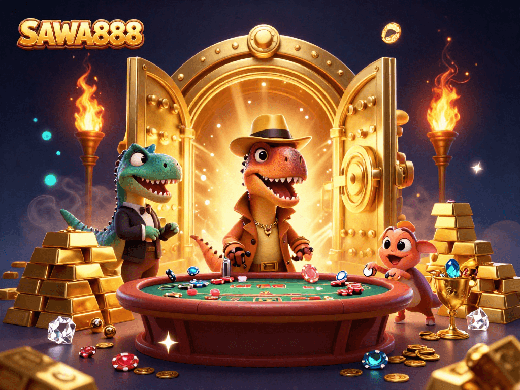 Experience the thrill of SAWA888 at a dynamic blackjack table with engaging dinosaur characters and treasure.