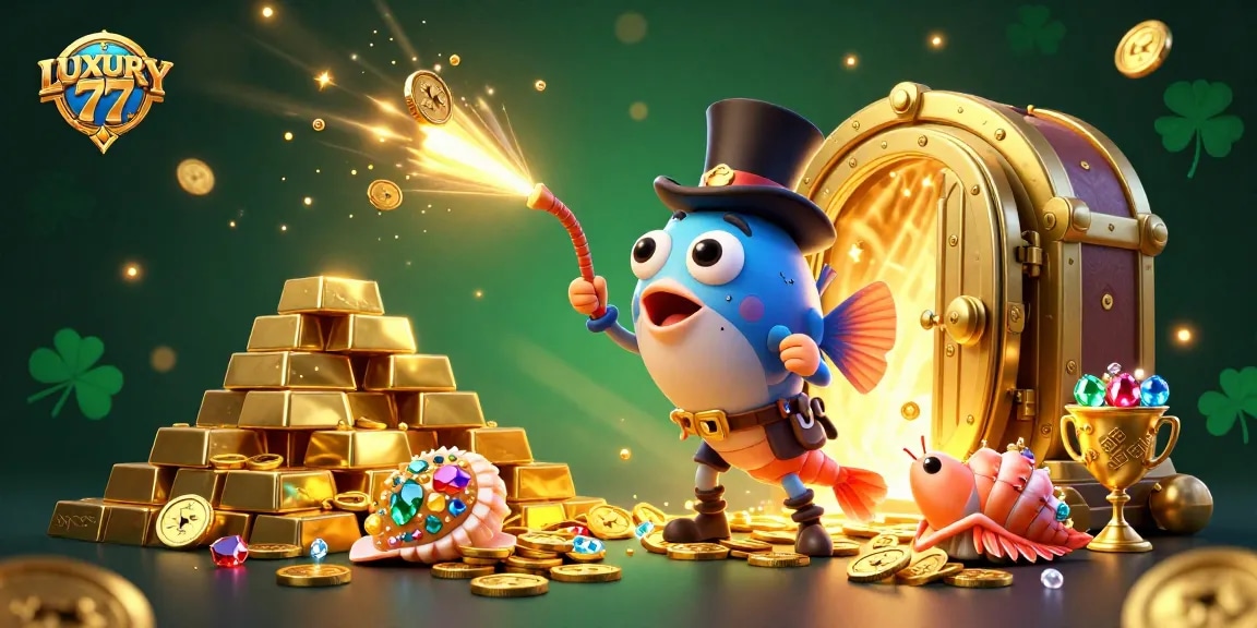 Experience LUXURY 77 with vibrant 3D casino characters, treasure, and dynamic gaming elements.