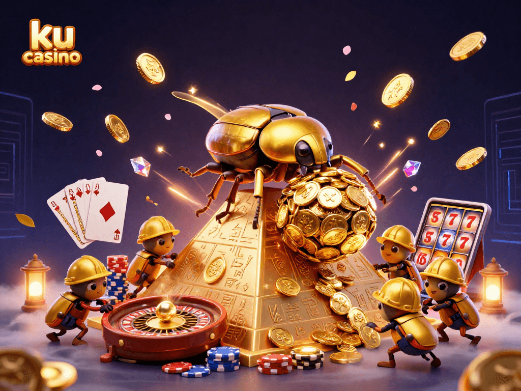 Experience the thrill of ku casino with a dynamic 3D illustration featuring golden coins, colorful chips, and casino symbols.
