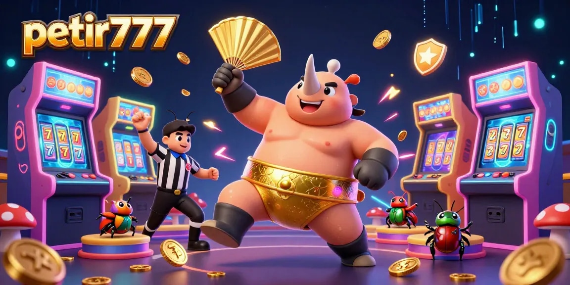 Experience the thrill of petir777 as the beetle champion stomps coins in a dynamic casino scene filled with gaming elements.