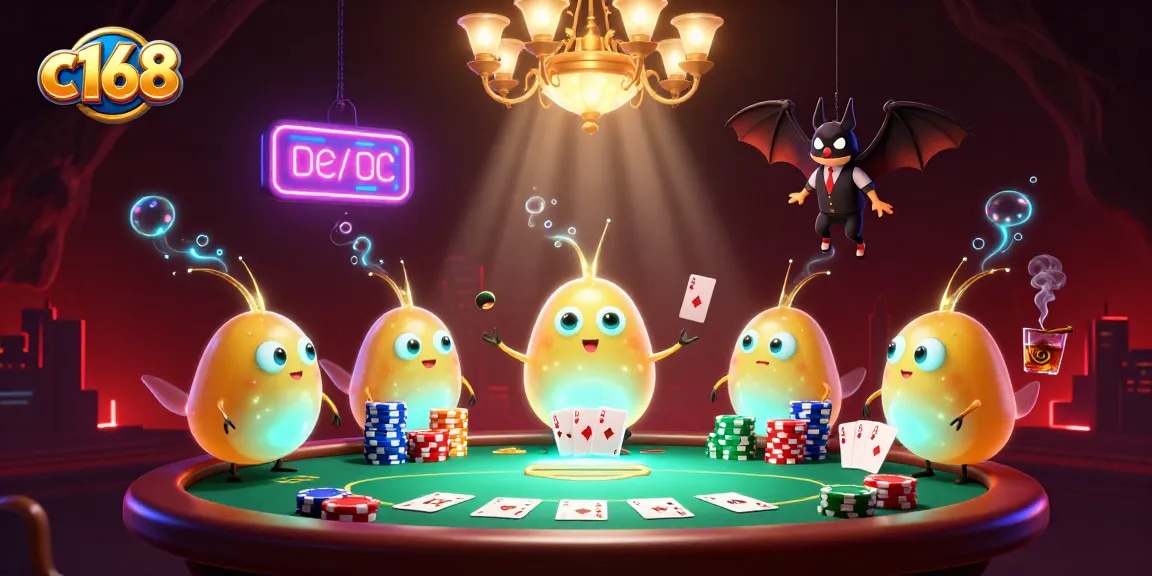 Engage in thrilling card games at c168's vibrant cave casino illuminated by glowworms.