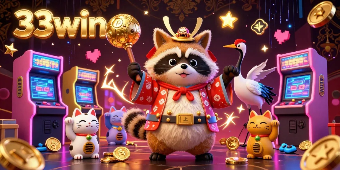 Experience the excitement of winning with 33win illustrated in a vibrant 3D casino scene.