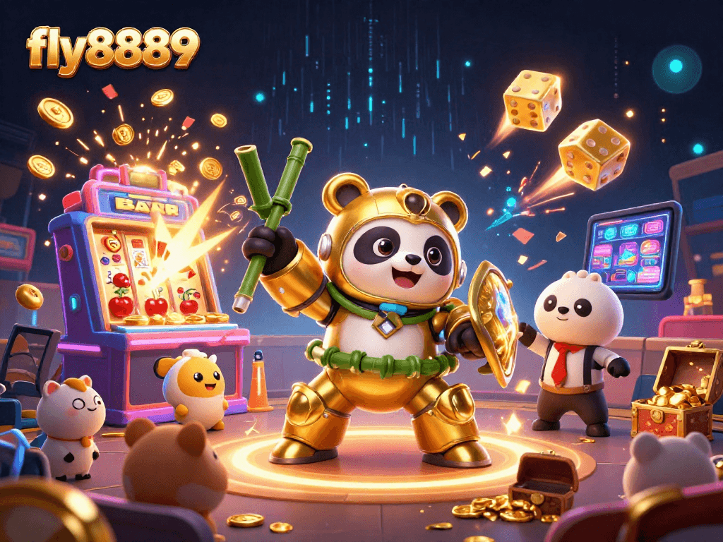 Engage with fly8889's exciting carnival atmosphere as golden panda pilots a bamboo robot amidst jackpot celebrations.