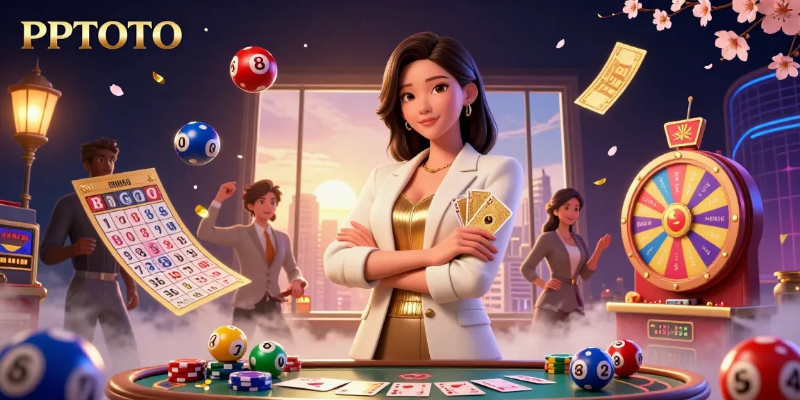 Keceriaan PPTOTO terungkap dengan seorang wanita Asia glamor memegang kartu emas di tengah elemen lotere dinamis dalam ilustrasi kasino yang subur.