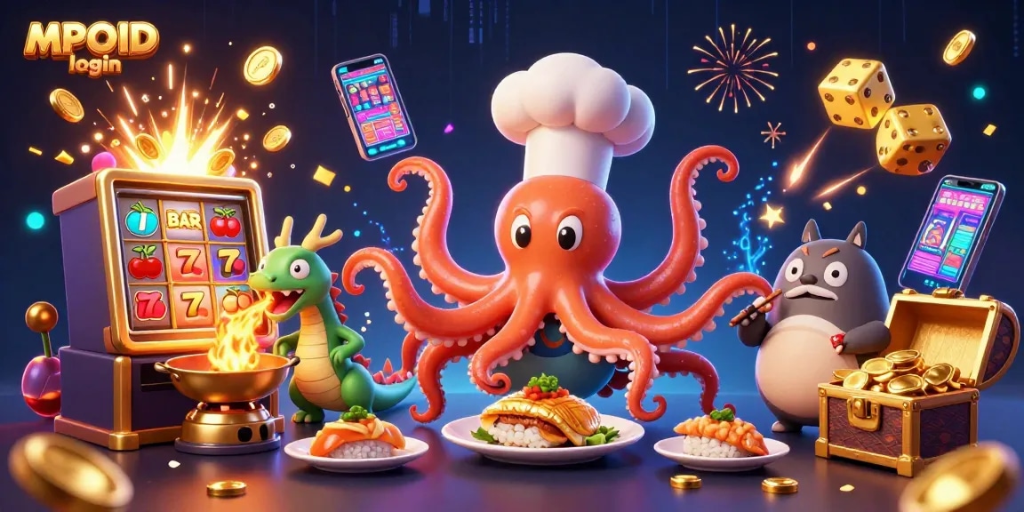 MPOID login illustration depicting vibrant casino elements with octopus chef, dragon, and tanuki amidst dynamic gaming features.