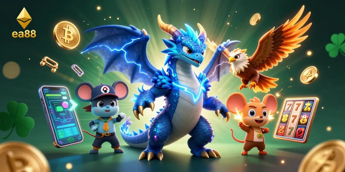 Experience thrilling gaming adventures at ea88 with a dynamic 3D casino illustration featuring mythical characters and vibrant game elements.