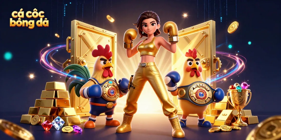 Engage in cá cược bóng đá action with a powerful athlete and a championship rooster surrounded by golden treasures and dynamic elements.