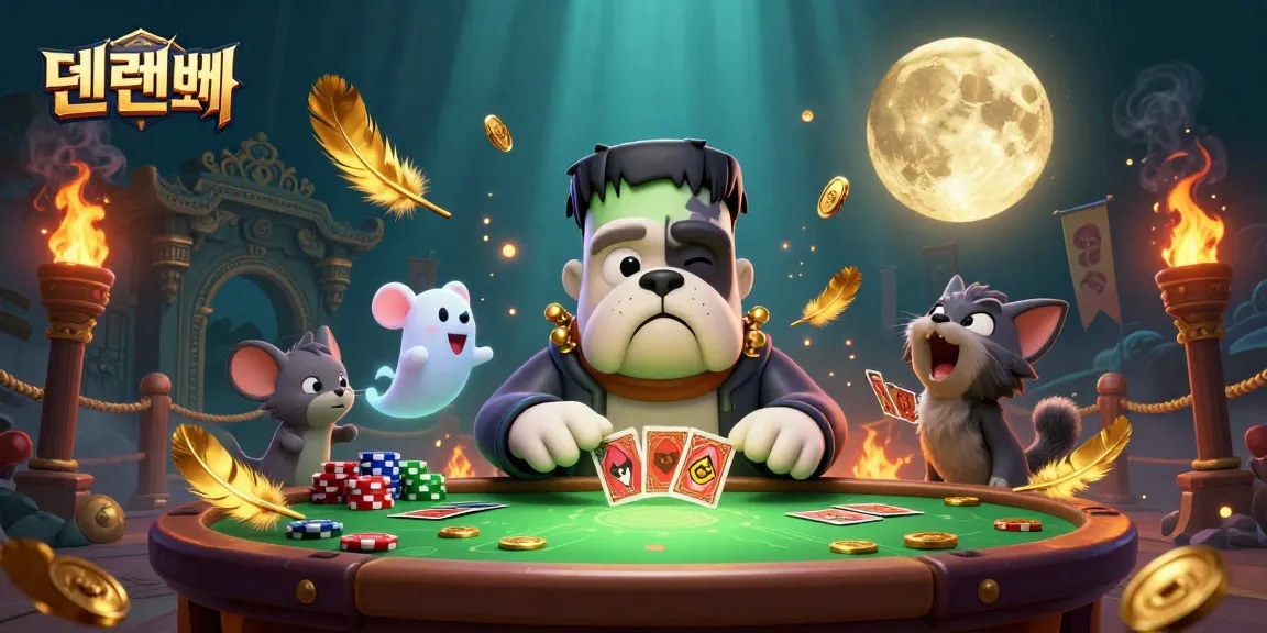 Engaging scene with 텐텐벳 characters dealing cards and floating chips in a spooky casino atmosphere.