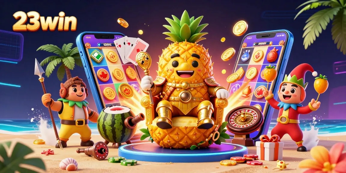 Experience thrilling gameplay with 23win's festive casino atmosphere featuring vibrant characters and slots.