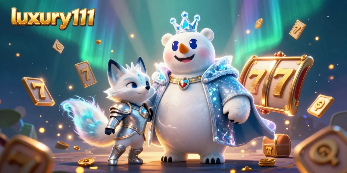 Experience exciting gameplay with luxury111 in this 3D illustration showcasing a polar bear and snow fox amidst slot reels and jackpots.