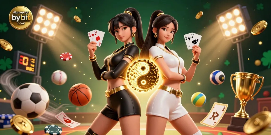 Enhance your strategy and sign up for bybit now with this dynamic illustration featuring twin Asian women and vibrant gaming elements.