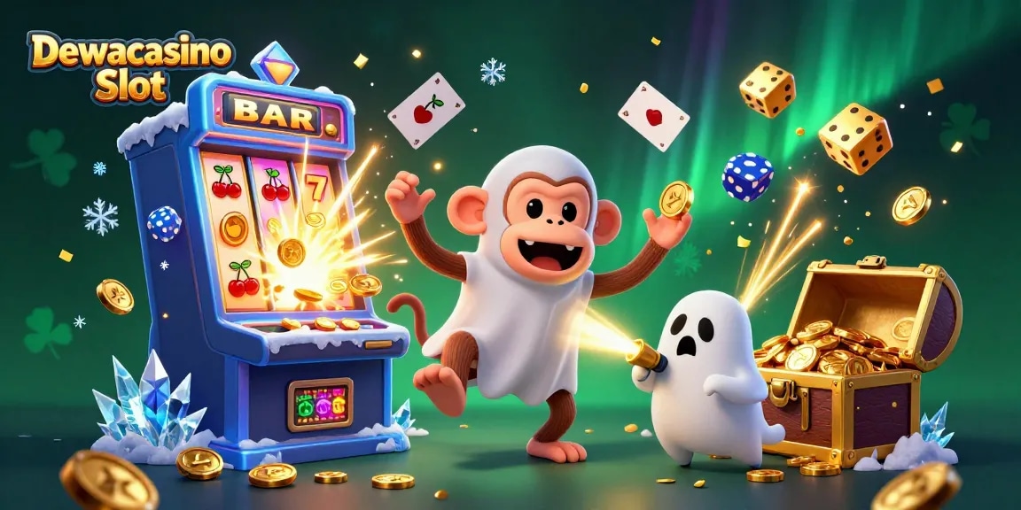 Dewacasino Slot showcases a playful poltergeist monkey and ghost-hunter puppy in a dynamic casino scene with jackpot elements.