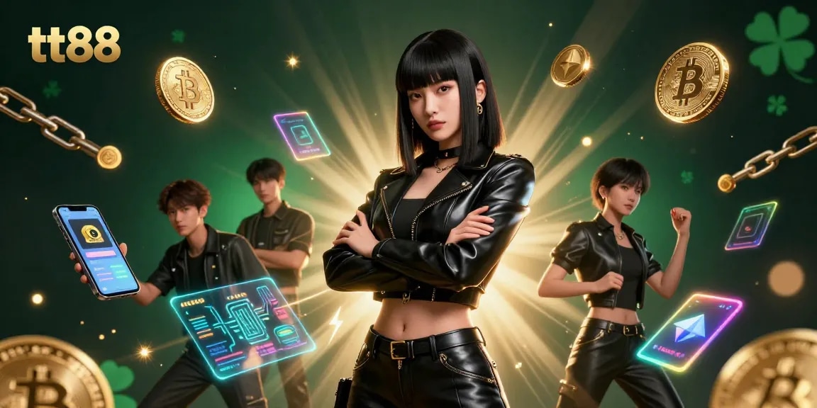 Engage with tt88's thrilling casino experience featuring a stunning Asian woman, Bitcoin elements, and casino game icons.