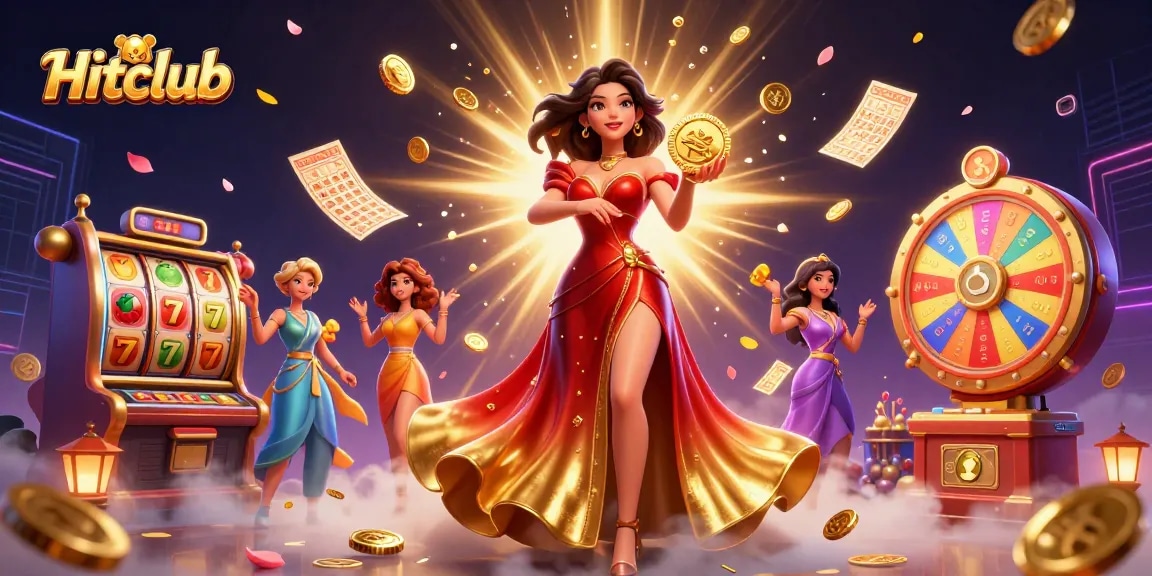 Experience the excitement of Hitclub with a stunning casino-themed illustration showcasing vibrant games and golden coins.