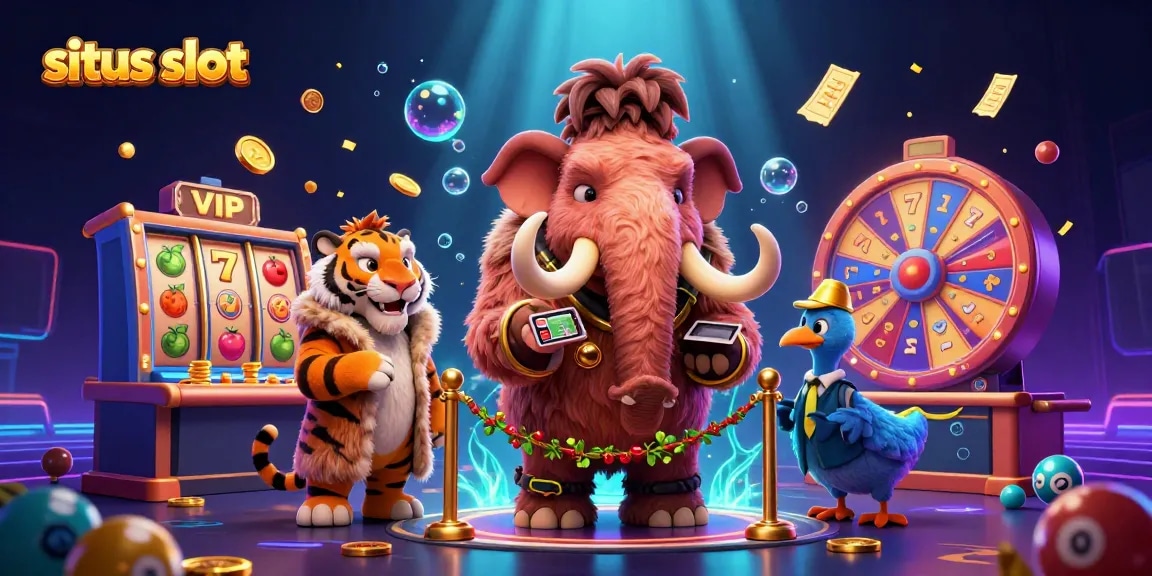 Engaging illustration of situs slot featuring a woolly mammoth bouncer checking IDs, embodying a vibrant casino atmosphere.