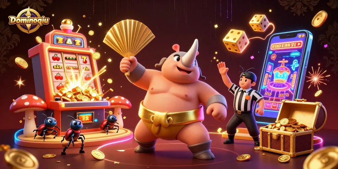 Engage in exciting Dominoqiu gaming with a vibrant 3D illustration of a sumo champion and dynamic casino elements.