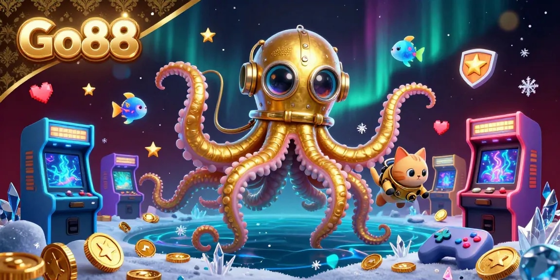 Experience Go88's exhilarating gaming world with a kraken, diving cat, and lively arcade games in a treasure-filled underwater scene.