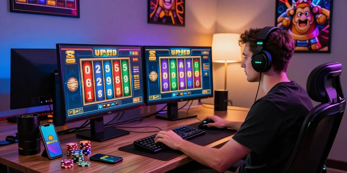 MPO777 login scene featuring an intense player focused on spinning online slots with vibrant graphics on dual monitors.