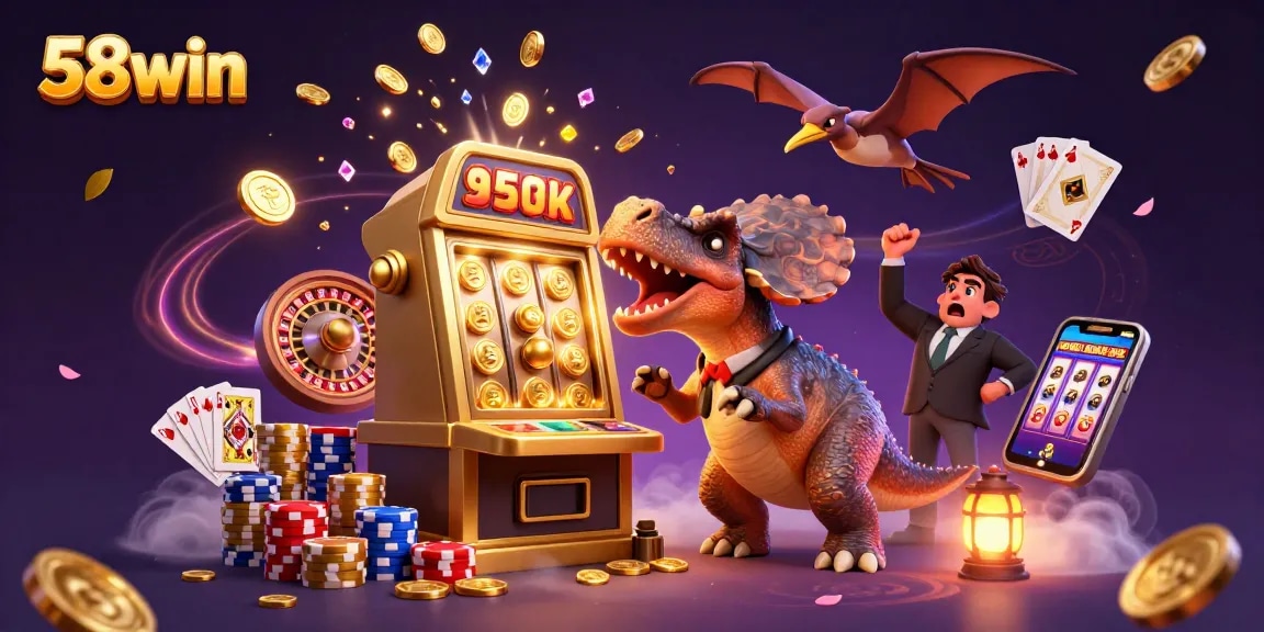58win's vibrant casino scene showcases thrilling wins with a dinosaur jackpot.
