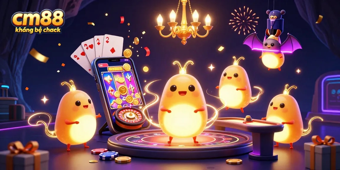 Experience thrilling gaming at cm88 không bị chặn with glowworms illuminating a vibrant casino scene.