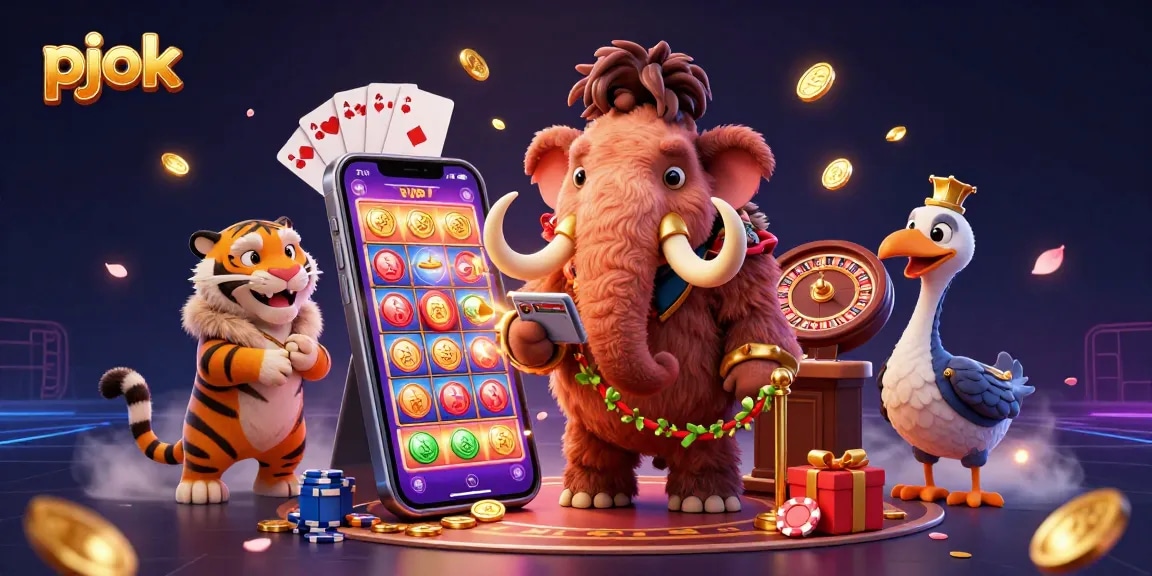 Experience thrilling gaming action at PJOK with vibrant characters and dynamic casino elements