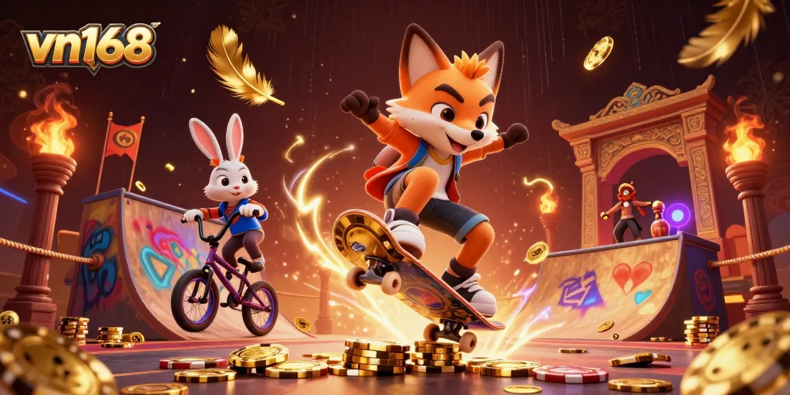 Experience thrilling gaming at vn168, where a skateboarder fox and BMX rabbit showcase their tricks amidst vibrant casino action.