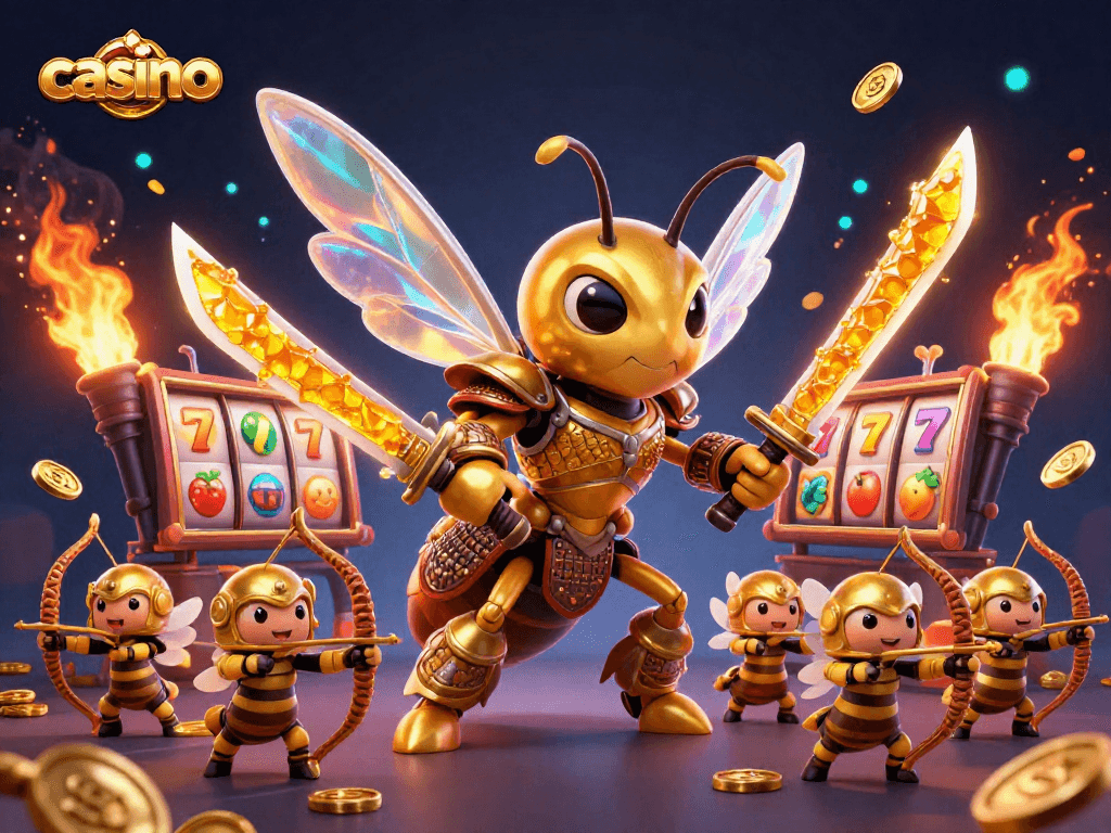 Engaging casino illustration showcasing dynamic slot reels and characters for online gaming.