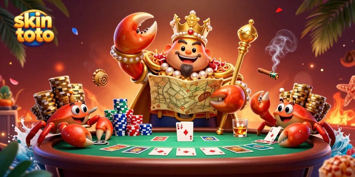 Permainan skin toto dengan kepiting emas besar memegang peta harta dan chip emas berserakan
