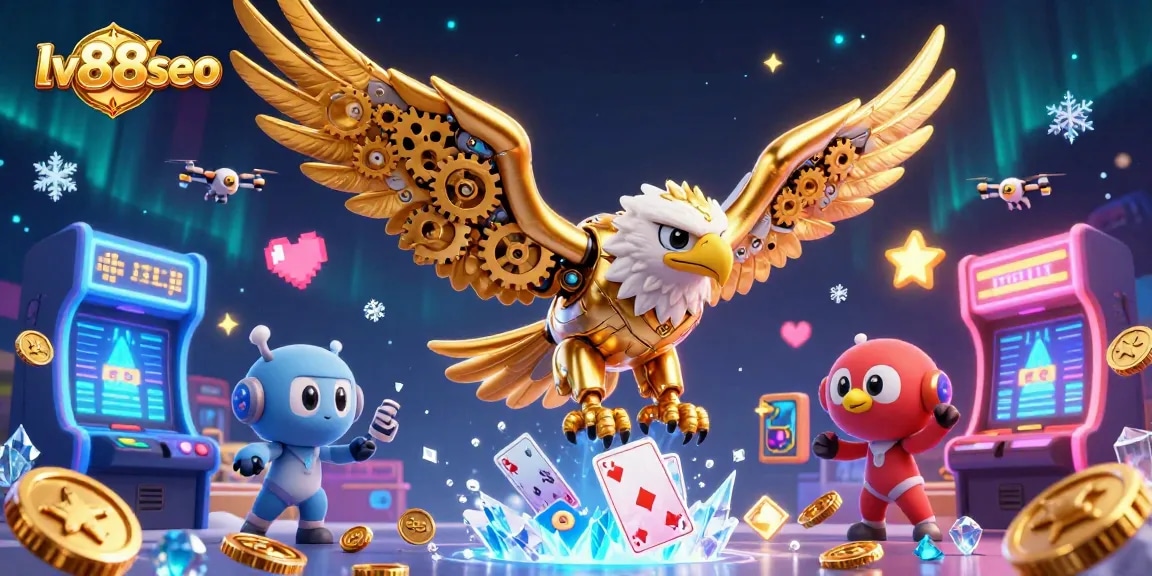 Experience thrilling gaming action at lv88seo with a dynamic 3D illustration featuring a golden eagle diving through holographic cards.