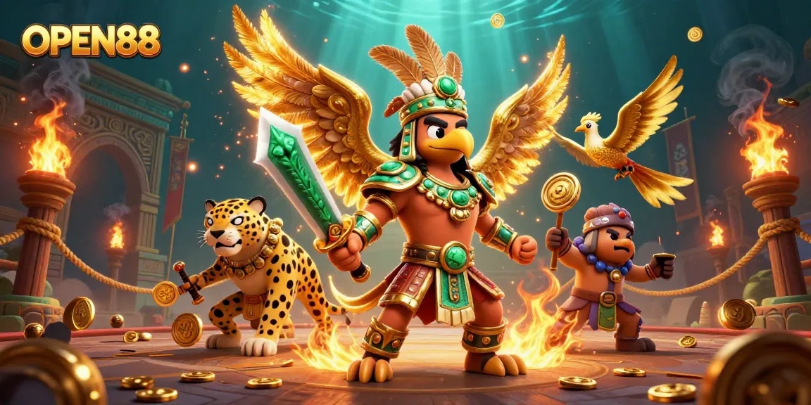 Engage with OPEN88's immersive casino adventure featuring vibrant Aztec warriors in action.