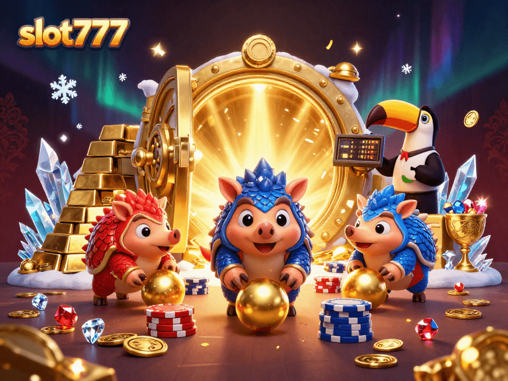 Slot777 menampilkan pasangan pangolin bersaing dengan latar belakang gemerlap dan elemen kasino.