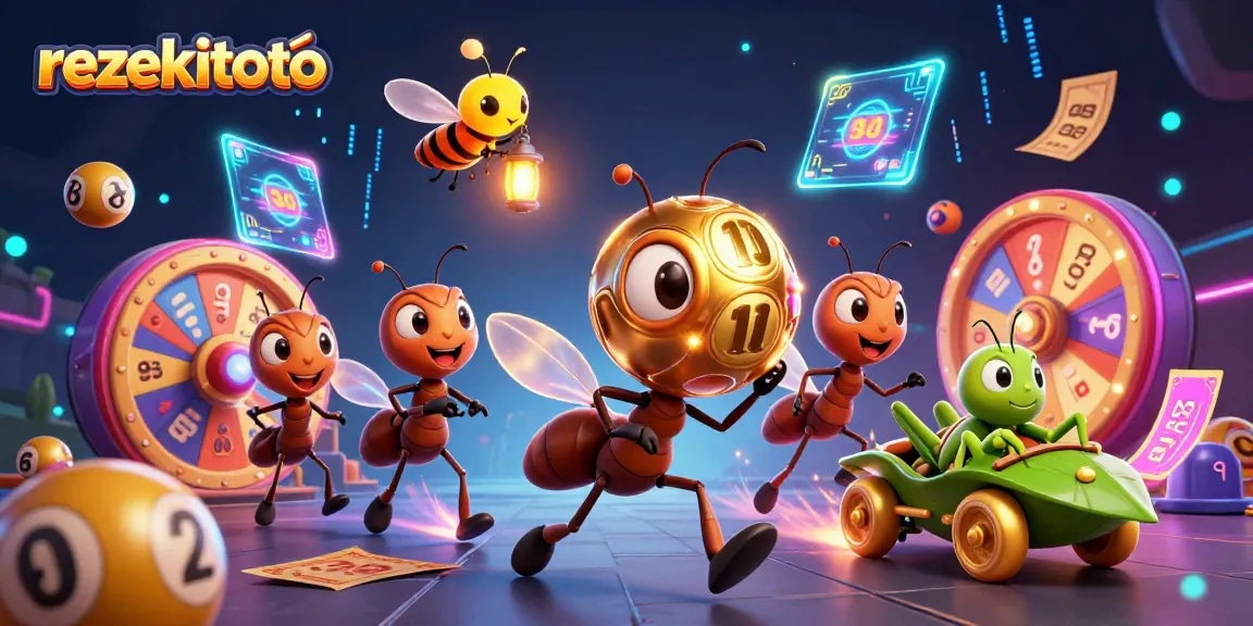 Experience lottery excitement with rezekitoto as ants carry a giant lottery ball in vibrant 3D art.