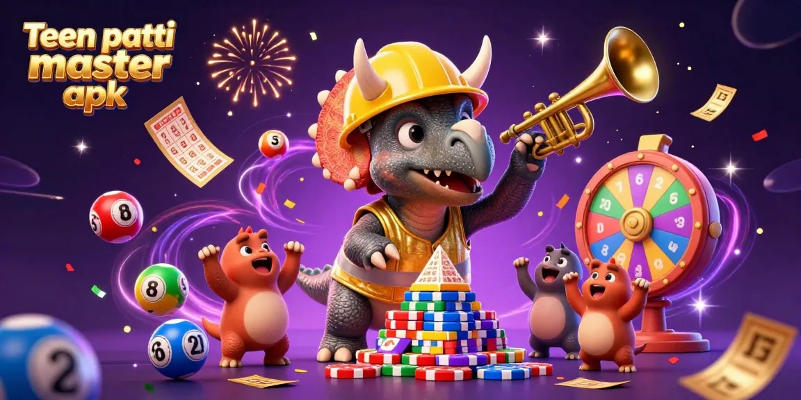 Engage with the thrilling Teen Patti Master APK as a triceratops builds a poker chip pyramid amidst vibrant casino elements.