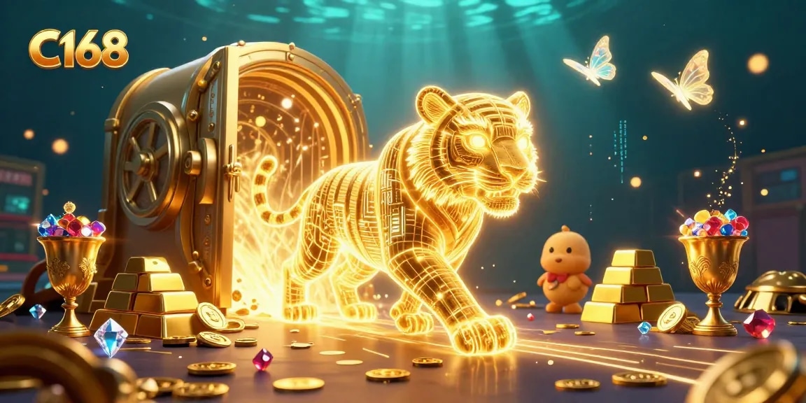 Engage in C168's adventurous casino experience with a glowing golden tiger roaming amidst treasure.