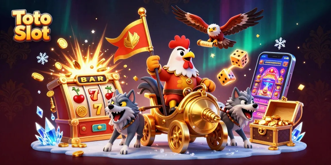 Toto Slot showcases a thrilling gaming scene with a rooster warlord, lucky symbols, and jackpots exploding.